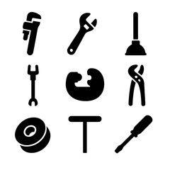 Obraz premium Basic Plumbing Tools. Solid, Filled icon set of basic plumbing tools: pipe wrench, adjustable wrench, plunger, basin wrench, pipe