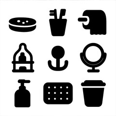 Bathroom Accessories Icons. Solid, Filled icon set of bathroom accessories: soap dish, toothbrush holder, toilet paper holder,
