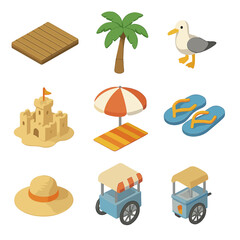 Beach Promenade Icons. Isometric Flat icon set of beach promenade walk: wooden boardwalk, palm tree, seagull, sandcastle, beach