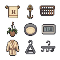 Bathroom Accessory Set. Pixel art icon set of towel rack accessories: monogrammed towel, decorative hook, shelf basket, hanging