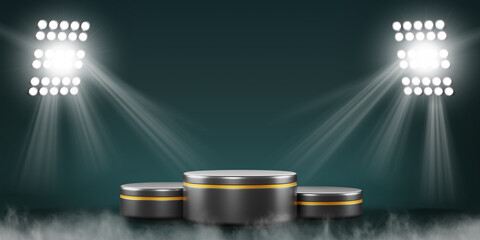 Award podium illuminated by spotlights on soccer stadium green 3d background. Black gold round pedestal for first, second and third place of championship winner, empty sport platform. 3D illustration