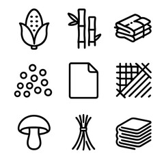 Fototapeta premium Biodegradable Materials Icons. Outline icon set of biodegradable materials: cornstarch, bamboo, sugarcane bagasse, PLA resin,