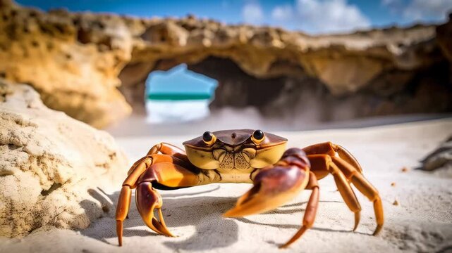 Front view of an orange crab on a sandy beach with rock formations and a blue sky with few clouds during daytime