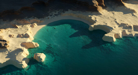 Obraz premium Aerial view of a stunning turquoise lagoon nestled amongst dramatic sandstone cliffs breathtaking desert landscape natural beauty