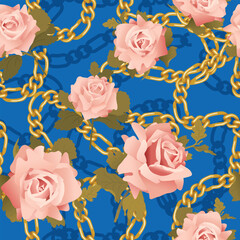 Seamless pattern of vector pink roses on a blue background with gold chains is perfect for elegant fabric, wallpaper and stationery designs.