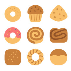 Breakfast Pastries Grid. Flat icon set of breakfast pastries: bagel, muffin, scone, donut, cinnamon roll, babka, beignet, cruller,