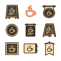 Cafe Signage Icons. Flat icon set of café signage: chalkboard, neon sign, hanging sign, logo sign, menu board, A-frame sign,