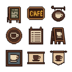 Café Signage Icons. Pixel art icon set of café signage: chalkboard, neon sign, hanging sign, logo sign, menu board, A-frame sign,