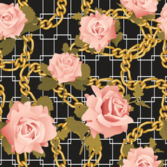 Seamless pattern of vector pink roses on a black background with gold chains is perfect for elegant fabric, wallpaper and stationery designs.