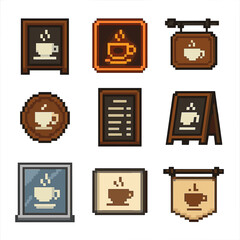 Caf&eacute; Signage Icons. Pixel art icon set of caf&eacute; signage: chalkboard, neon sign, hanging sign, logo sign, menu board, A-frame sign,
