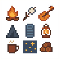 Campfire Night Icons. Pixel art icon set of campfire bonding nights: campfire flame, marshmallow on stick, guitar, tent silhouette