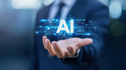 AI Integration: Hand Holding Hologram in Corporate Tech Workplace