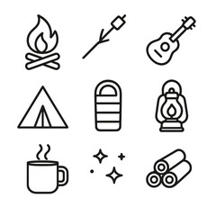 Fototapeta premium Campfire Night Icons. Outline icon set of campfire bonding nights: campfire flame, marshmallow on stick, guitar, tent silhouette,