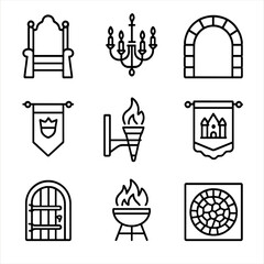 Castle Interior Icons. Outline icon set of castle interior: throne, chandelier, stone archway, royal banner, torch sconce,