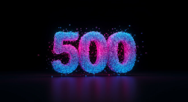 Abstract number 500 made of glowing digital cubes. Futuristic 3D render with pink and blue neon light for a technology milestone, social media celebration, or 500k followers concept.