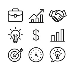 Business Concept Icons. Outline icon set of instant realization in business: briefcase, upward graph, handshake, lightbulb, dollar