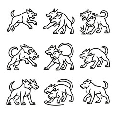 Cerberus Combat Icons. Outline icon set of Cerberus fighting poses: leap attack, bite strike, ground shake, multi-head snap, tail