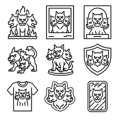 Cerberus Icon Collection. Outline icon set of Cerberus in pop culture: video game boss, comic book cover, movie poster, anime