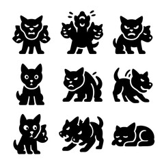 Cerberus Emotions Icons. Solid, Filled icon set of Cerberus emotions: fierce growl, triumphant roar, snarling lips, alert stance,