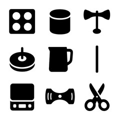 Fototapeta premium Candle Making Tools Grid. Solid, Filled icon set of molds and tools: silicone mold, metal tin, wick holder, wick sticker, pouring