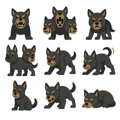 Cerberus Emotion Icons. Flat icon set of Cerberus emotions: fierce growl, triumphant roar, snarling lips, alert stance, defensive