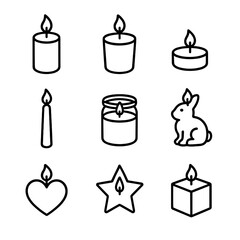 Candle Icon Set. Outline icon set of basic candle shapes: pillar, votive, tea light, taper, jar candle, molded animal, heart shape