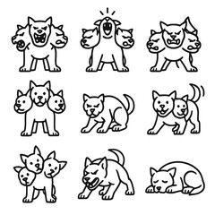 Cerberus Emotions Icons. Outline icon set of Cerberus emotions: fierce growl, triumphant roar, snarling lips, alert stance,