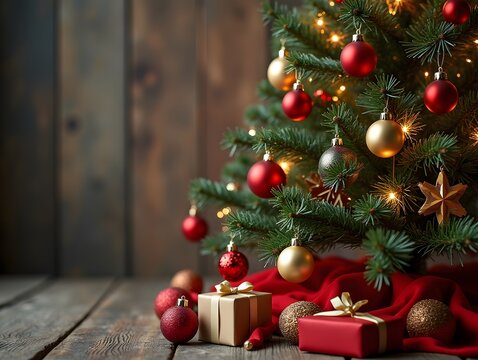 Decorating Christmas Tree with Ornaments and Lights on Wood Background