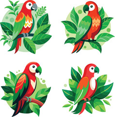  colorful parrots on green leaves