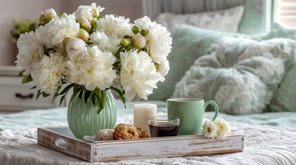 Morning Tray With Fresh Flowers and Coffee Beside Cozy Bedding in a Bright Bedroom
