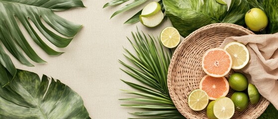 Tropical leaves border fresh citrus fruit slices inside woven basket on light sand background. Greenery and summer food arrangement.