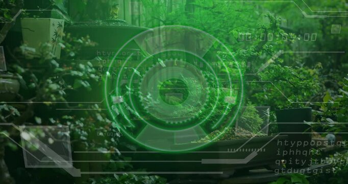 Green digital scanning overlay appearing over nursery path rotating pulsing updating for plant scan