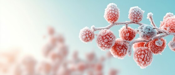 Red berries branch covered with frost against pale blue sky. Winter scene with frozen fruit on tree. Christmas background with icy plant detail.