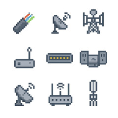 Obraz premium Communication Technology Icons. Pixel art icon set of communication backbone technologies: fiber optic cable, microwave link,