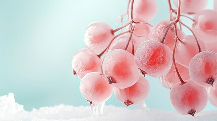 Red berries covered with ice crystals on snowy surface. Light blue background. Winter nature scene. Frozen fruit branch with icicles.