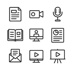 Content Creation Icons. Outline icon set of content creation tools: blog post, video camera, podcast mic, ebook, webinar screen,