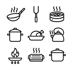 Cooking Technique Icons. Outline icon set of cooking techniques and processes: stir-fry wok, grilling fork, steaming basket,