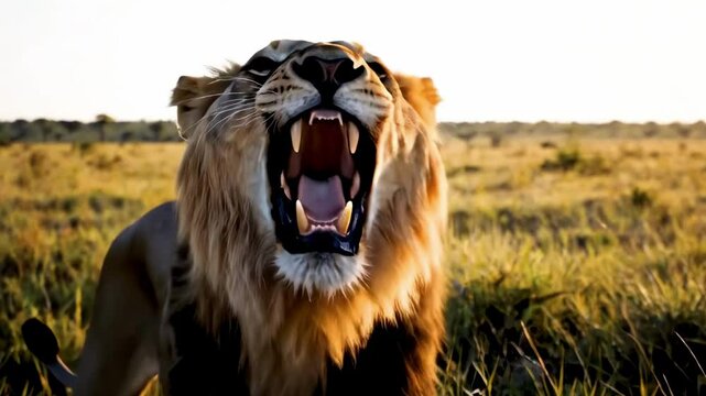 Majestic lion prowling through tall grass in a vast savannah, showcasing its strength against a backdrop of golden sunlight and distant wildlife - lion roar video