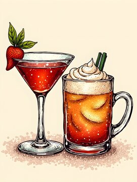 Italian style aperitivo cocktail and cozy warm beverage hand drawn with vintage ink sketch. Noisy gritty dot halftone texture and retro pop art stipple look for restaurant decor.