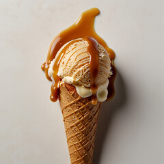 A scoop of creamy caramel ice cream with caramel sauce