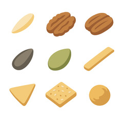 Crunchy Salad Icons. Isometric Flat icon set of crunchy salad elements: almond sliver, walnut half, pecan piece, sunflower seed,