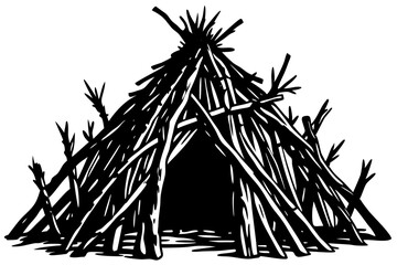 Primitive stick shelter black and white illustration © Riddhi