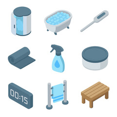 Cryotherapy Icon Set. Isometric Flat icon set of cryotherapy and ice baths: cryo chamber, ice bath tub, thermometer probe,