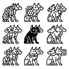 Fototapeta premium Cerberus Variant Icons. Outline icon set of Cerberus variants in fiction: cyberpunk mech, steam-punk gears, futuristic drone,