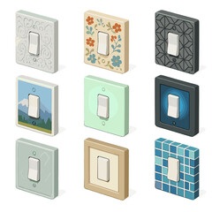 Decorative Switch Plates Collection. Isometric Flat icon set of decorative switch plates: embossed pattern plate, floral motif