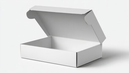 Open white cardboard box on white surface
