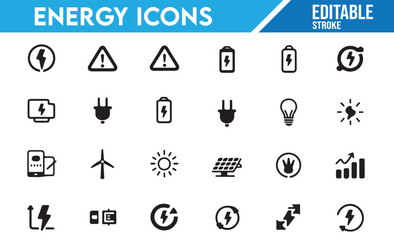 Black and White Electricity and Renewable Energy Icon Set