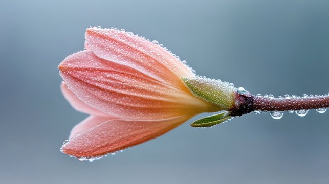 Peach flower bud covered in water droplets. Delicate petals and stem. Early morning dew. Close up detailed plant view against soft blue backdrop.