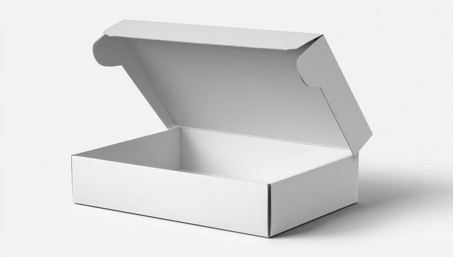 Open white cardboard box on white surface