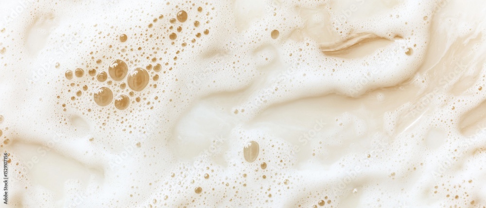 Poster tan liquid surface with many bubbles and foam swirling around, creating abstract patterns and textur